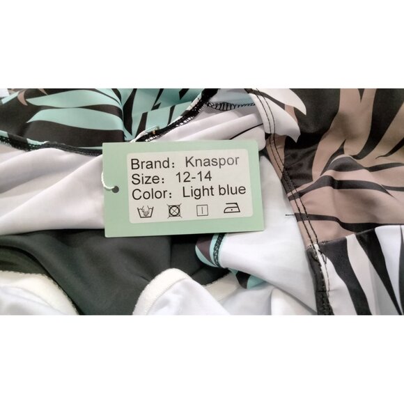 Knaspor Blue Floral Leaf Print Modest One Piece Swimdress Shorts Size 12-14 - Picture 7 of 8